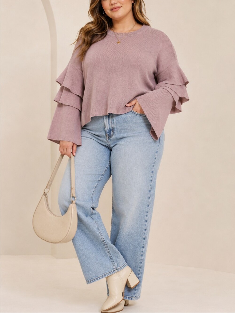 Mauve Ruffle Bell Sleeve Knit Sweater – Soft Romantic Style, Size XL